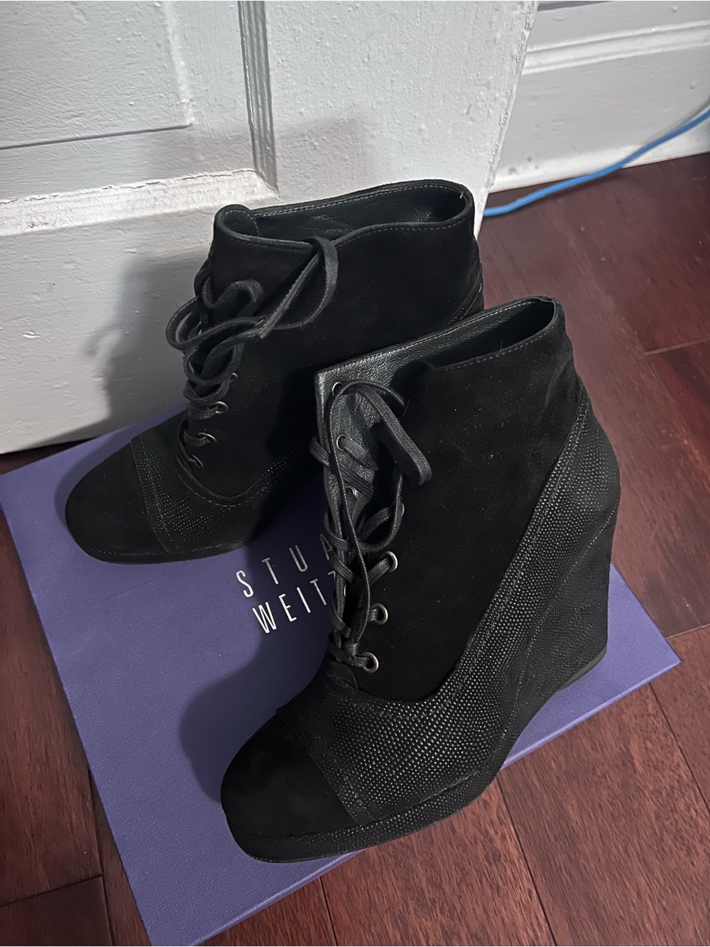 Stuart Weitzman Black Suede Lace-Up Wedge Booties